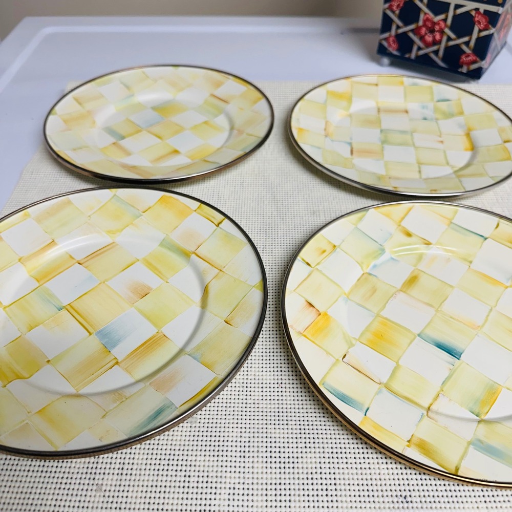 MacKenzie-Childs Parchment Check Yellow Enamel Salad Plates Vintage 4 Piece Set - Picture 2 of 8